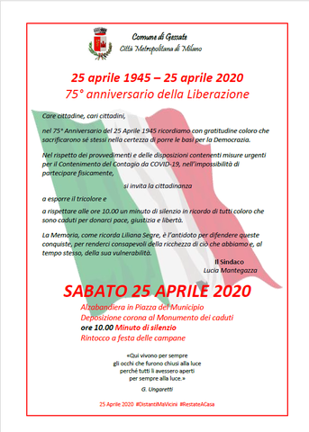 Celebrazioni del 25 aprile 2020 – 75° anniversario della Festa della Liberazione. 